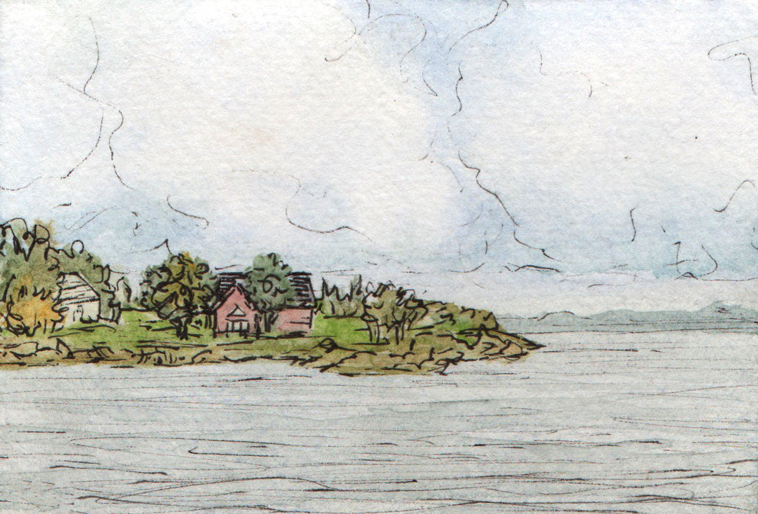A tiny, loose, watercolor and pen illustration of a Maine-ish coast with a red house peeking through trees and a cloudy sky.